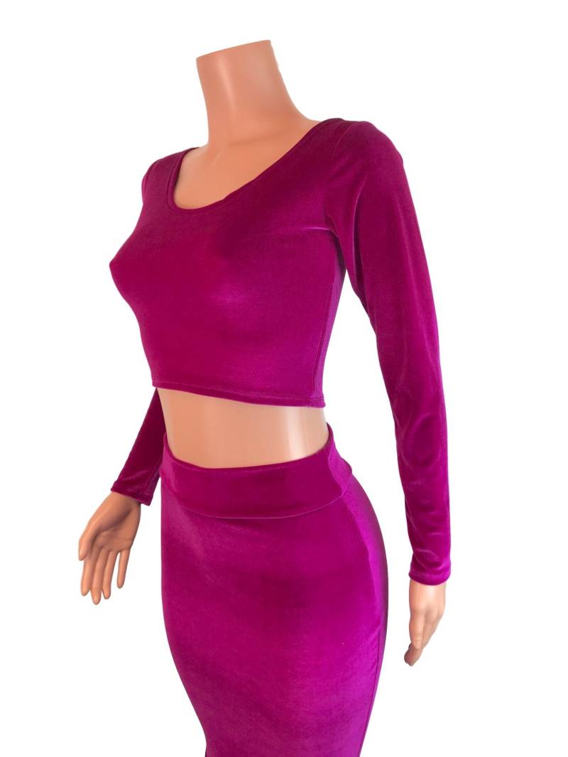 Fuchsia Pink Samt Langarm Crop Top - Bodycon Clubwear, Rave Wear von peridotcloth