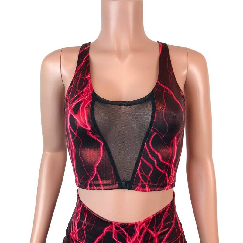 Mesh Inset Crop Top Tank - Metallic Red Lightning Rave Kleidung, Festival Kleidung von peridotcloth