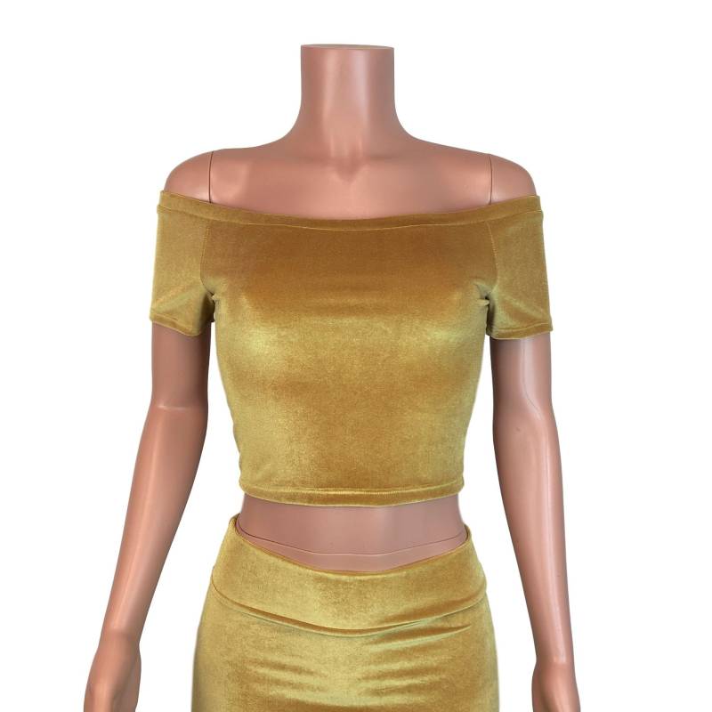 Senf Gold Samt Cold Shoulder Top - Bodycon Clubwear, Rave Wear, Crop von peridotcloth