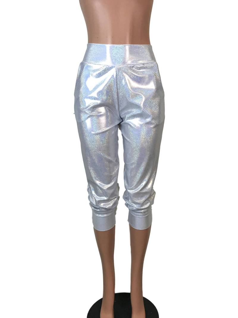 Silber Holographic Jogger Mit Taschen - Joggerhose Hoher Taille Rave, Festival, Edm von peridotcloth