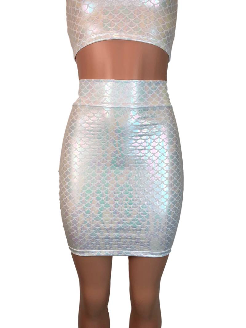 Weiß Meerjungfrau Schuppen Holographic High Waisted Bleistift Minirock | Bodycon Rave Kostüm Rock von peridotcloth