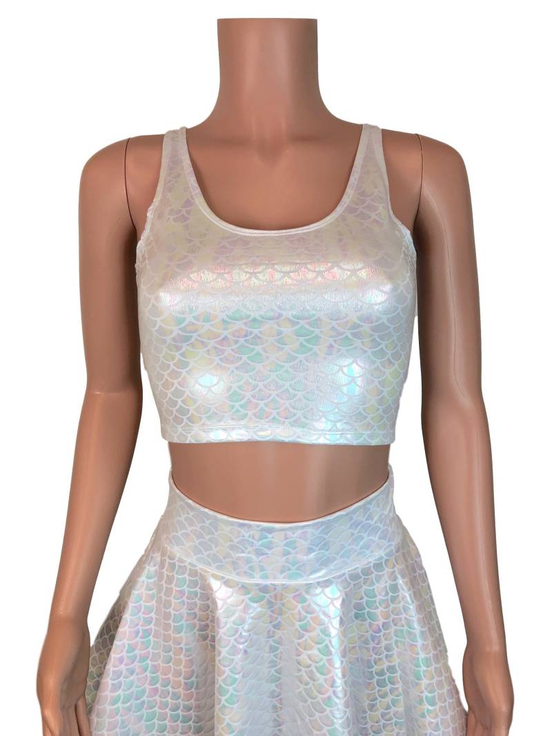 Weißes Mermaid Holographic Crop Top - Bodycon Cropped von peridotcloth