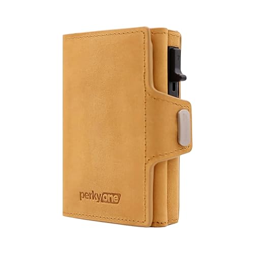 perkyone Jazzy Trifold Herren Geldbörse aus Echtleder – Slim Wallet mit RFID-Schutz, Pop-Up Kartenhalter, Münzfach, Geldscheinfach & Geschenkbox von perkyone