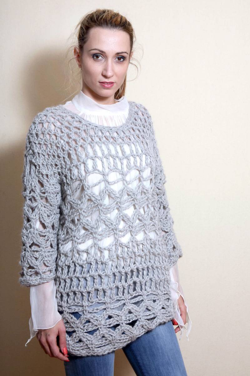 Gehäkelte Tunika, Oberteil, Frauen Pullover Winter Pullover, Lockere Passform Kleidung, Grobstrick Boho Strickwaren Von Hand von perotoknitwear