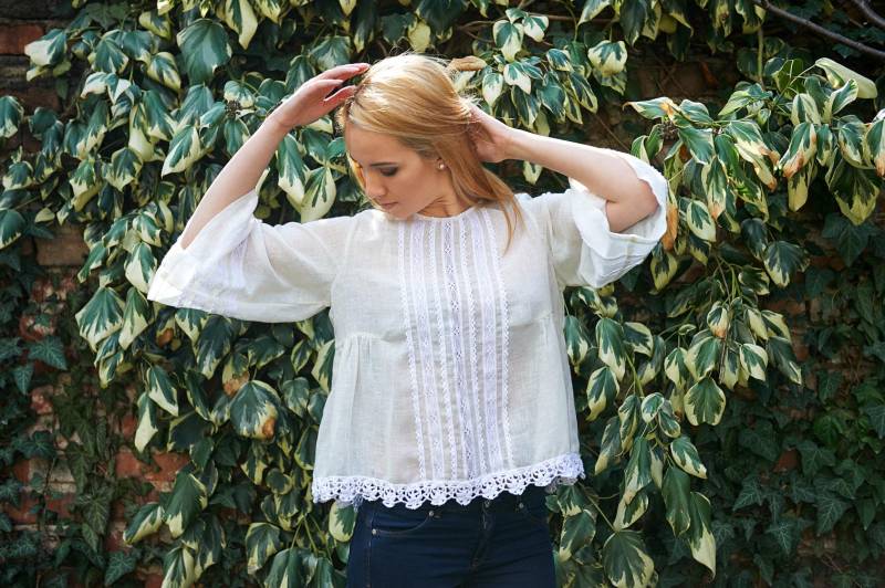 Leinen Tunika, Bluse, Plus Size Leinen, Kleidung, Weiße Schnörkelbluse, Edwardian See Through, Spitze Bluse von perotoknitwear