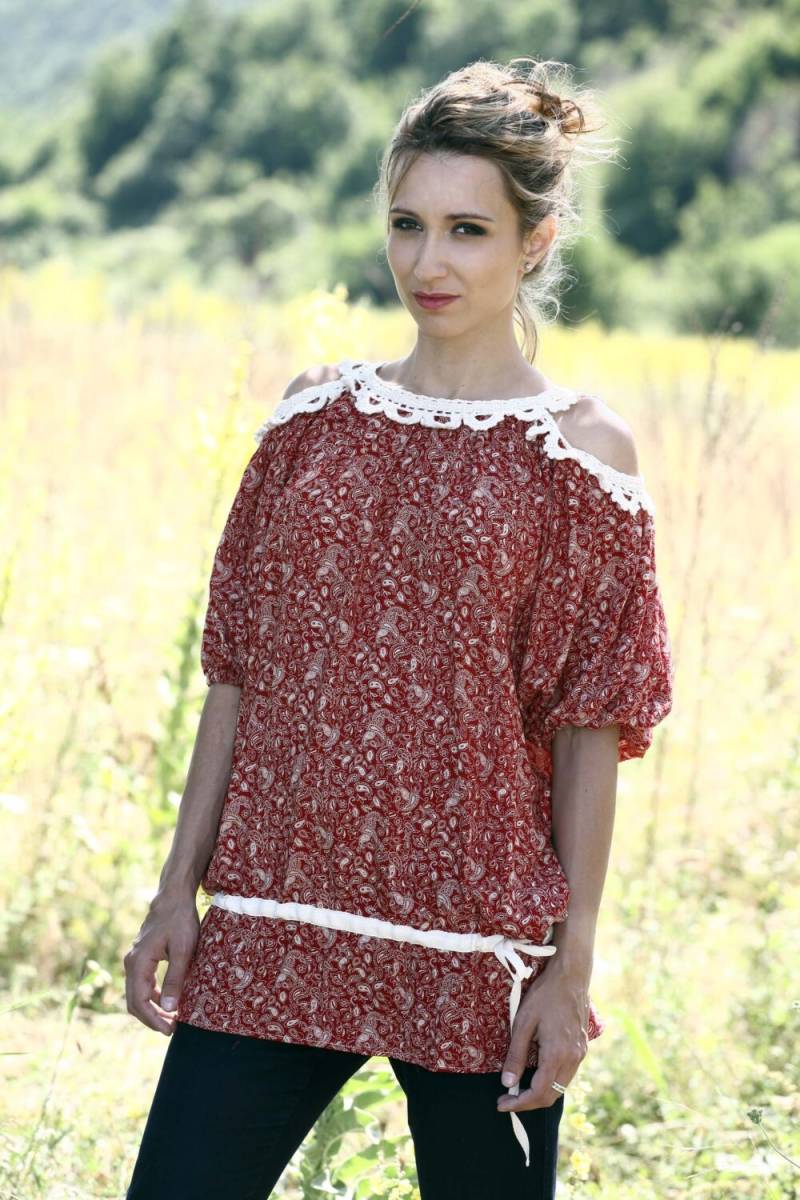 Rot Gedruckt-Top, Frauen Bluse, Top, Gehäkelt Lässig Kurze Ärmel Spitze, Rot Weißes Folklore Kleidung, Übergroße Top von perotoknitwear