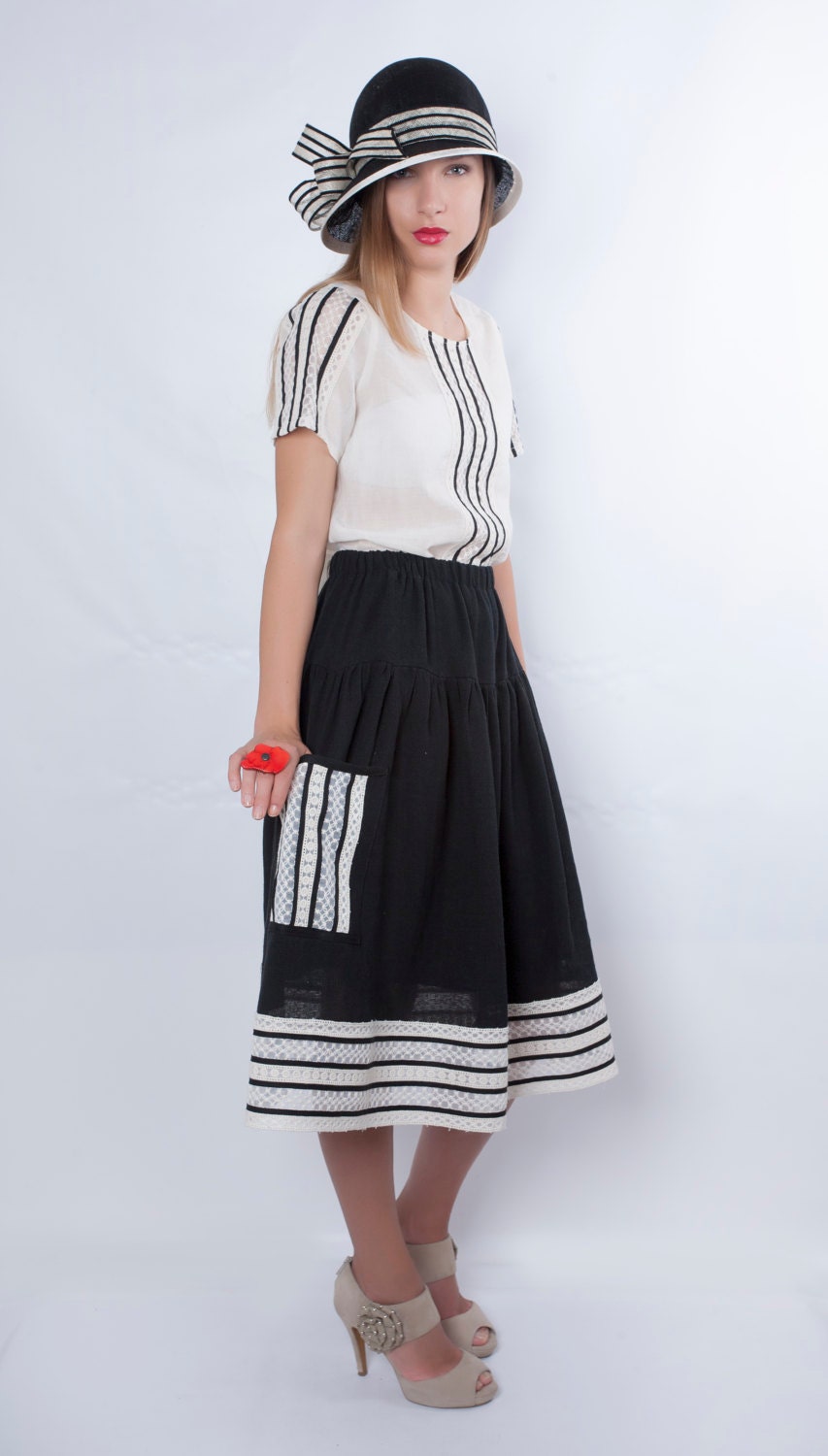 Schwarzer Rock, Eleganter High Waisted Plus Size Kleidung, Retro-stil Swing Schwarz Und Weiß-Rock von perotoknitwear