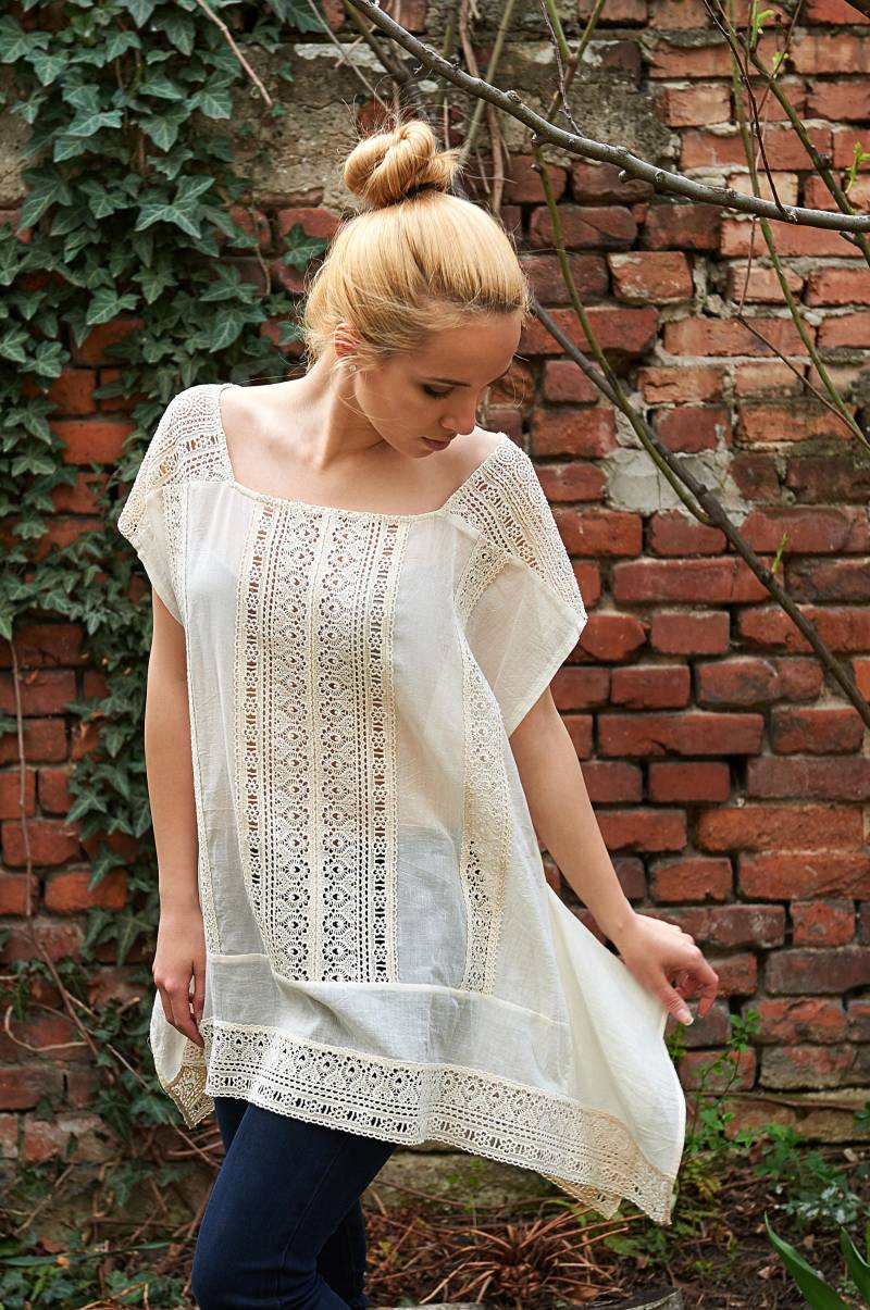 Weiße Tunika, Spitze Sommer Top, Häkel Top, Boho Tunika See Trough Kleidung, Plus Size 1970Er Jahre Kleidung von perotoknitwear