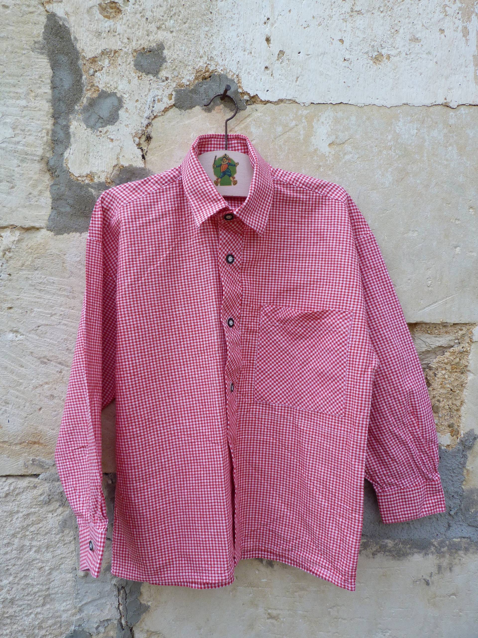 Vintage 1970Er Jahre Tirol Austria Trachten Vichy Karo Rot Baumwolle Shirt Gr. 8 von petitvintage