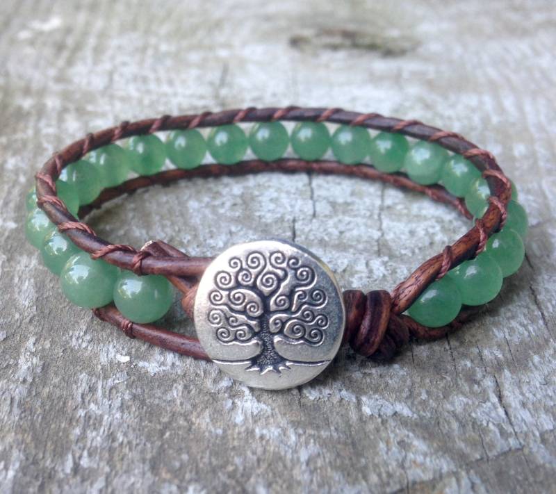 Grünes Aventurin Herz Chakra Perlen Leder Wickelarmband Unisex Für Jungs Und Mädchen Handgemacht von philosophias