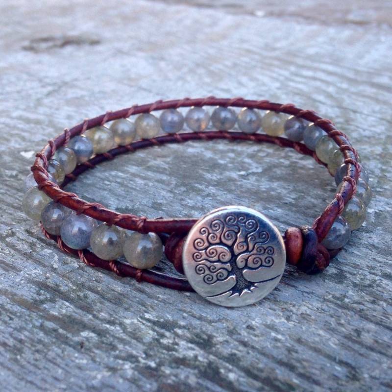 Labradorit Lederarmband Baum Für Kronenchakra Unisex Jungs Mädchen Silber Edelsteine Handgefertigt von philosophias