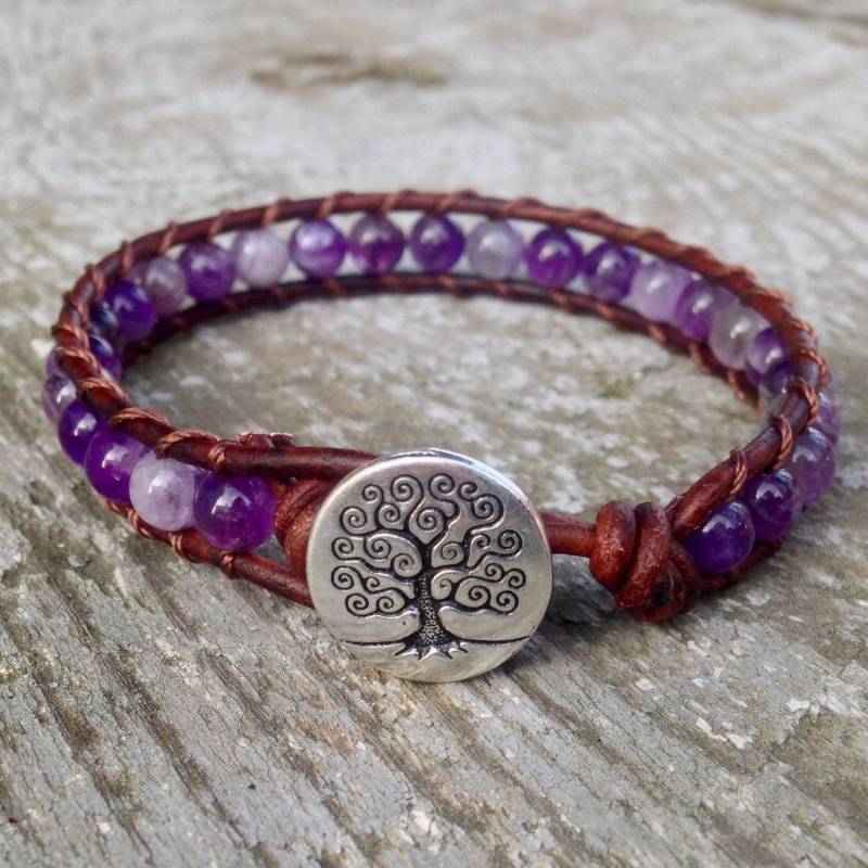 Lila Amethyst Lederarmband Für Stirnchakra Oder Unisex Männer Und Frauen Stapelbare Edelsteinperlen Handgefertigt von philosophias