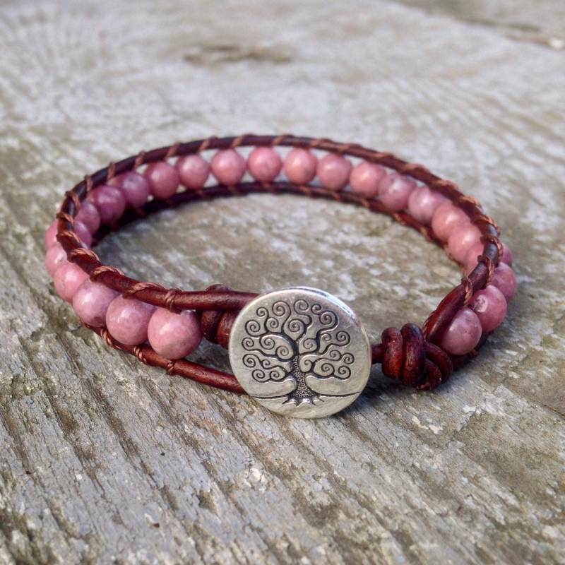 Rosa Rhodonit Perlen Leder Wickelarmband Baum Herz Chakra Damen Mädchen Handgefertigt von philosophias