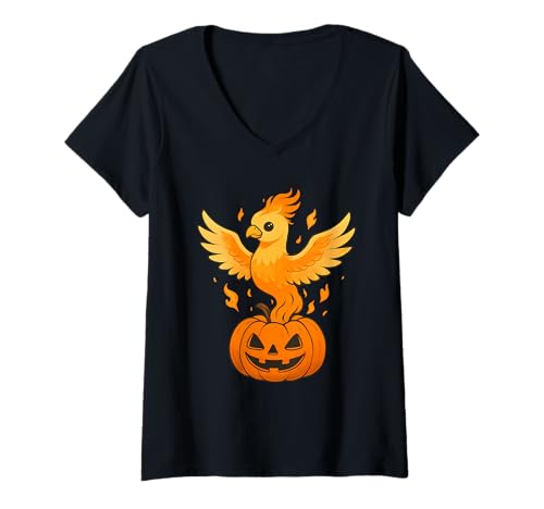 Damen Phoenix aus Kürbis T-Shirt mit V-Ausschnitt Damen Phoenix aus Kürbis T-Shirt mit V-Ausschnitt von phoenix pumpkin firebird flames spooky halloween