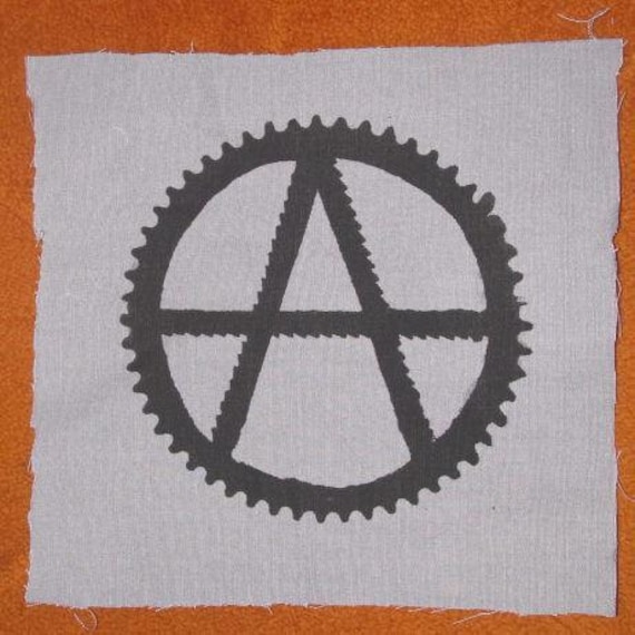 Back Patch - Anarchie-Symbol, Sägeblätter Und Fahrrad Ritzel Groß Für Rücken Oder Tasche, Schwarz Auf Grau Canvas Anarchy Punk von phoenixcompost
