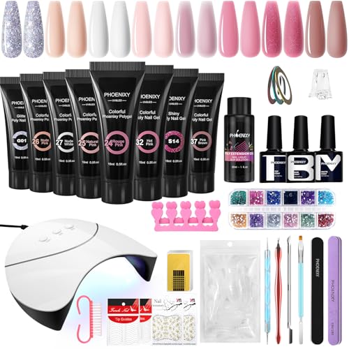 PHOENIXY Gel Nägel Set, 8 Farbe Poly Nagelgel Set mit 36W U V Nagellampe Poly Nagelverlängerung Gel Starterset mit Unterlack Glänzende und Matte Überlack Geschenke für Frauen von phoenixy