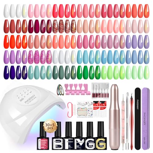 Phoenixy 30 Farben Gel Nägel Set mit Elektrische Nagelfräser und 48 W Nagellampe U V Nagellack Set mit 1 Base und 4 Top Coat Gelnägel Starterset Geschenke Frauen von phoenixy