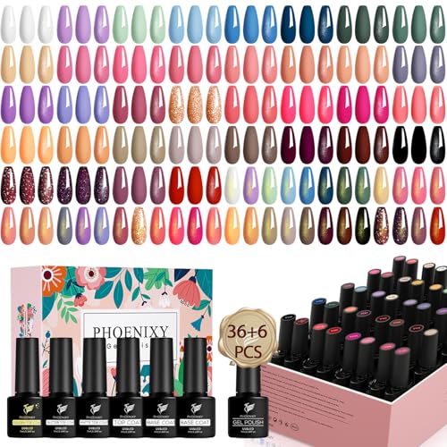 Phoenixy 40Pcs UV Nagellack, 72 Effekte 36 Farben Gellack UV mit Base Top Matte Coat, Pink Blau Schwarz Populäre Farbe UV Gel Nagellack, Geschenke für Frauen Nail Art zu Hause von phoenixy