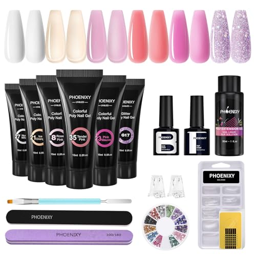Phoenixy Poly Nagel Starter Set 6 Farben Poly Nagelverlängerung Gel Set Rosa Lila Poly Nail Gel Set Geschenk für Frauen von phoenixy