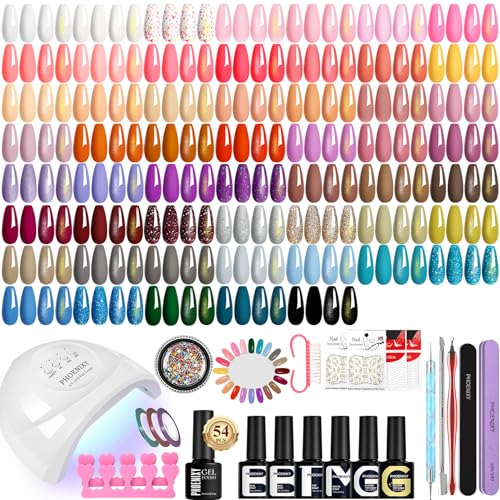 U V Nagellack Set, Phoenixy 54 Farben Nagelset Gelnägel Starterset mit 48W U V/LED Nagellampe Gelnägel Starterset Geschenk für Frauen von phoenixy