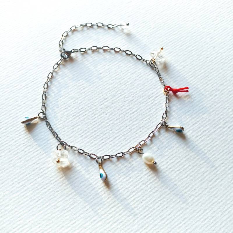Fußkette Silber Mit Perle, Bergkristall, Evil Eye, Quaste Rot | Edelstahl Fußband Anhängern Körperschmuck Geschenk von pianorden