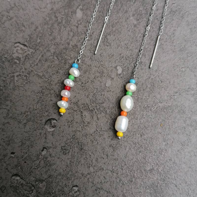 Ohrringe Zum Durchziehen Mit Perlen in Regenbogenfarben | Silber Fädelohrringe Edelstahl Mismatch Durchfädler von pianorden