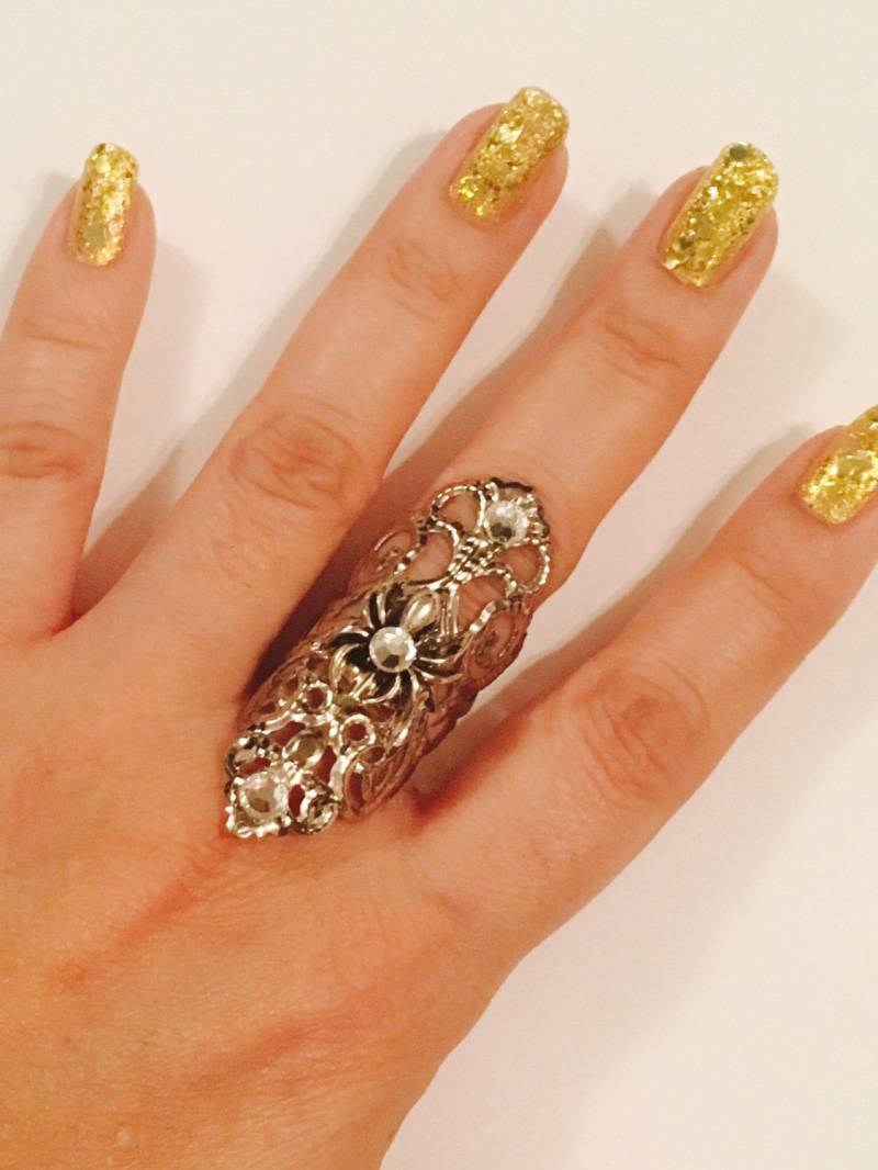 Spinne Pfeil Ring Oder Daumen in Matt Silber Vintage Stil Filigran, Klare Kristalle, Der Ist Größenverstellbar von pickapicka