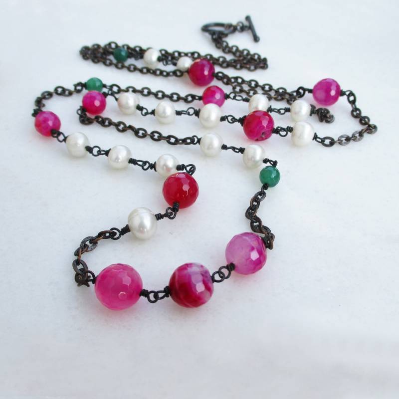 Lange Antik Kupfer Halskette Mit Achat Und Süßwasserperlen, Boho Schmuck von pieceofART