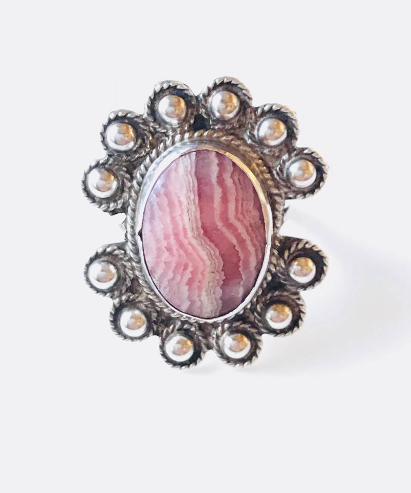 Vintage Taxco Sterling Silber Rosenachat Ring Jose Luis Flores, Größe 6.25 von piecesof8trading