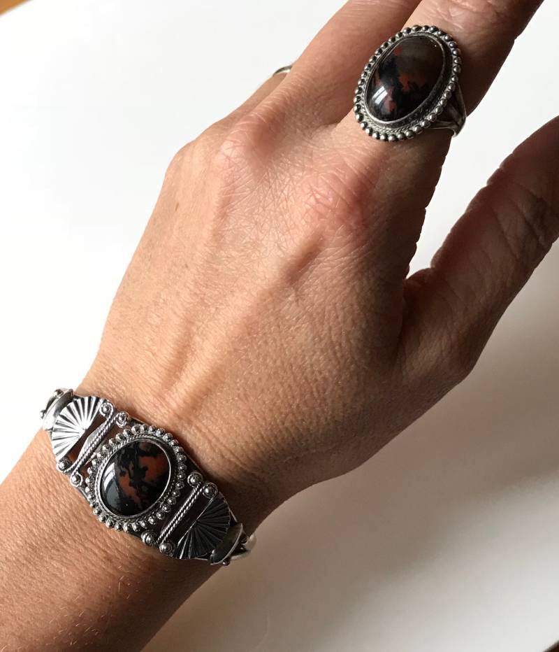 Vintage Landschafts Jaspis Manschetten Armband Und Ring Set | As-Is von piecesof8trading