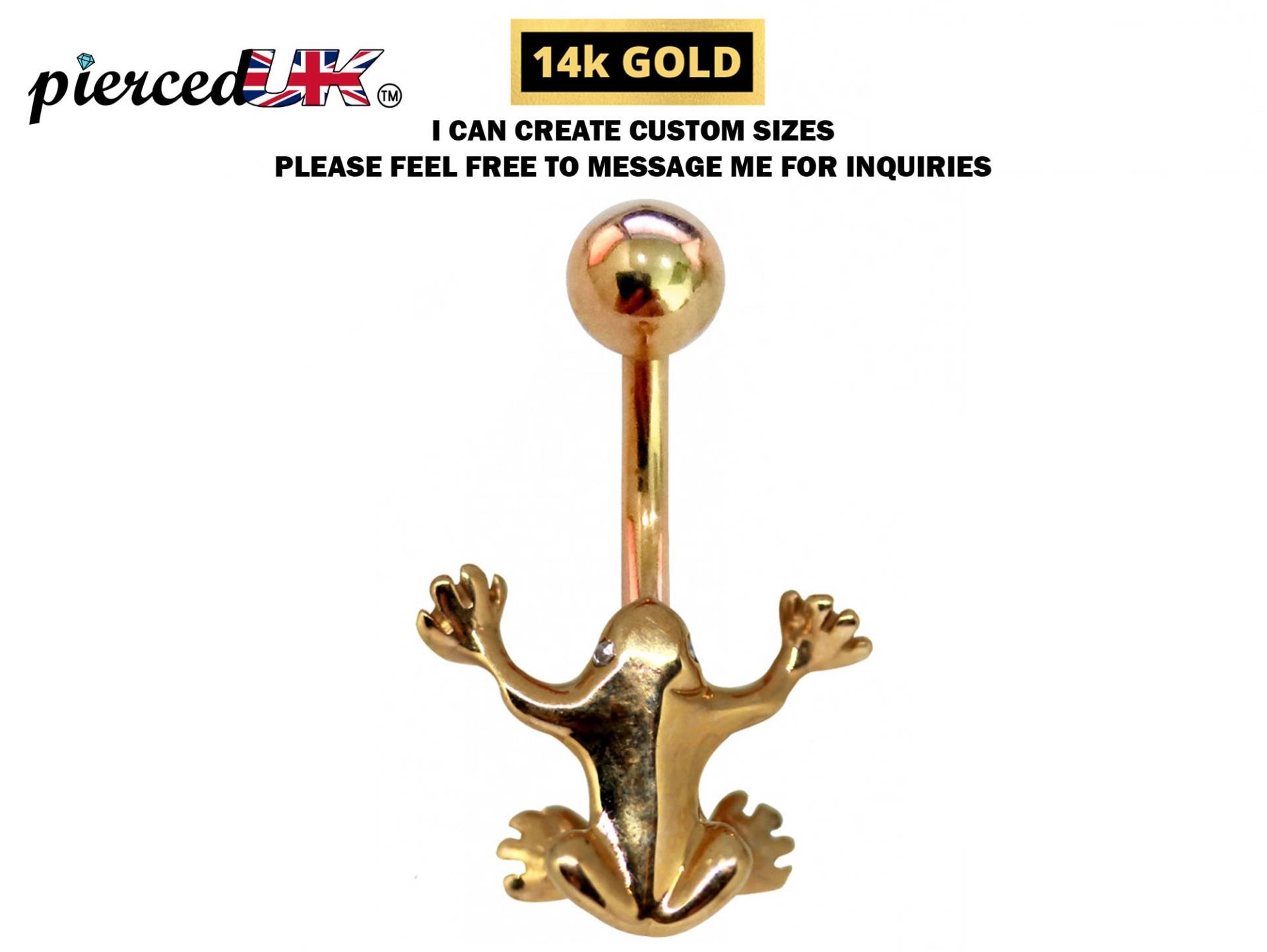 Gold 14K Frosch Bauch Bar - Massivgold Designer Knopf Ring Hand Poliert Feinster Goldschmuck von piercedUK