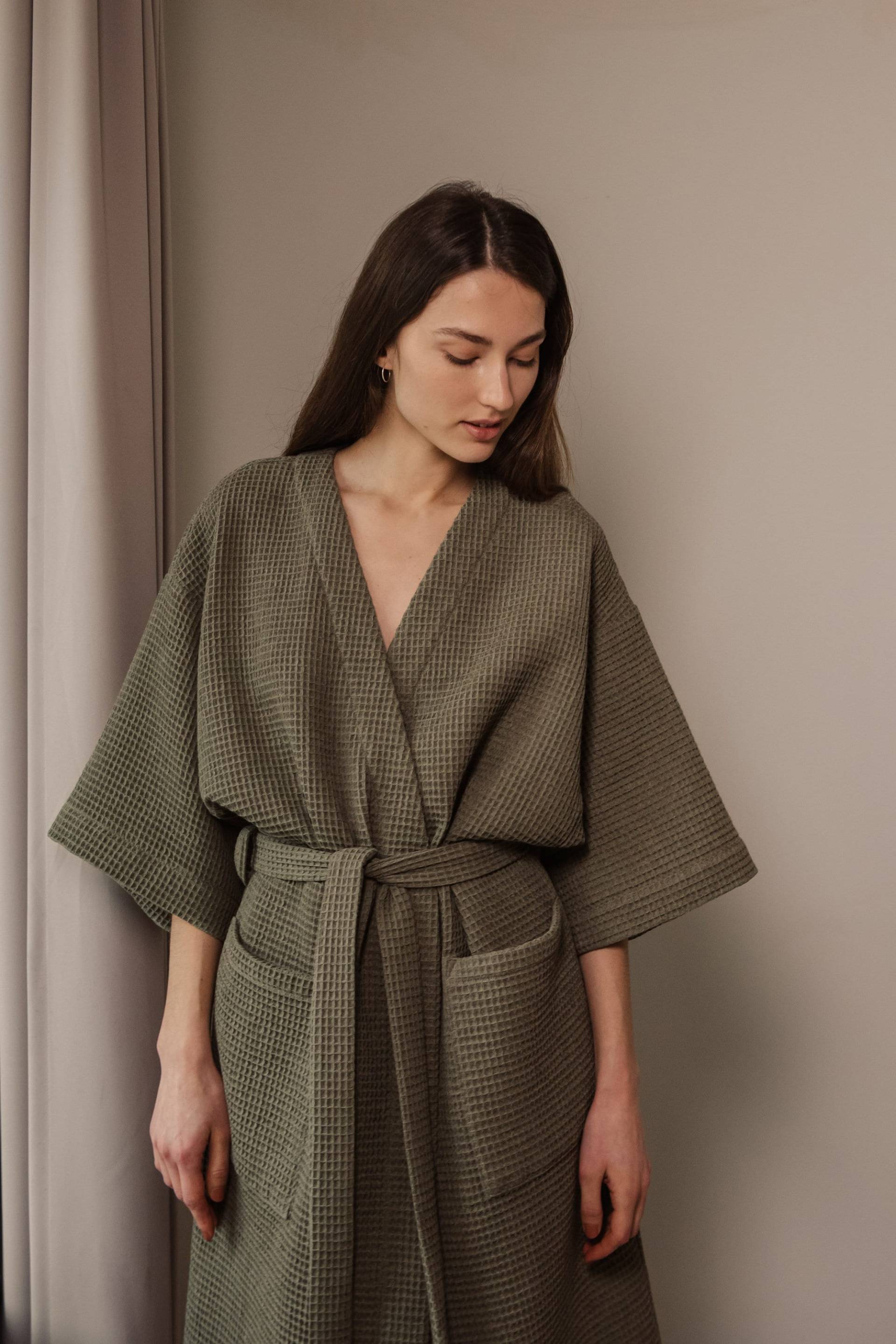 Bademantel Aus Baumwolle Für Frauen - Saugfähiger Waffelbademantel Moosgrüner Kimono-Bademantel Mit Taschen Handtuch-Bademantel Spa-Bademantel von pillowandpajamas