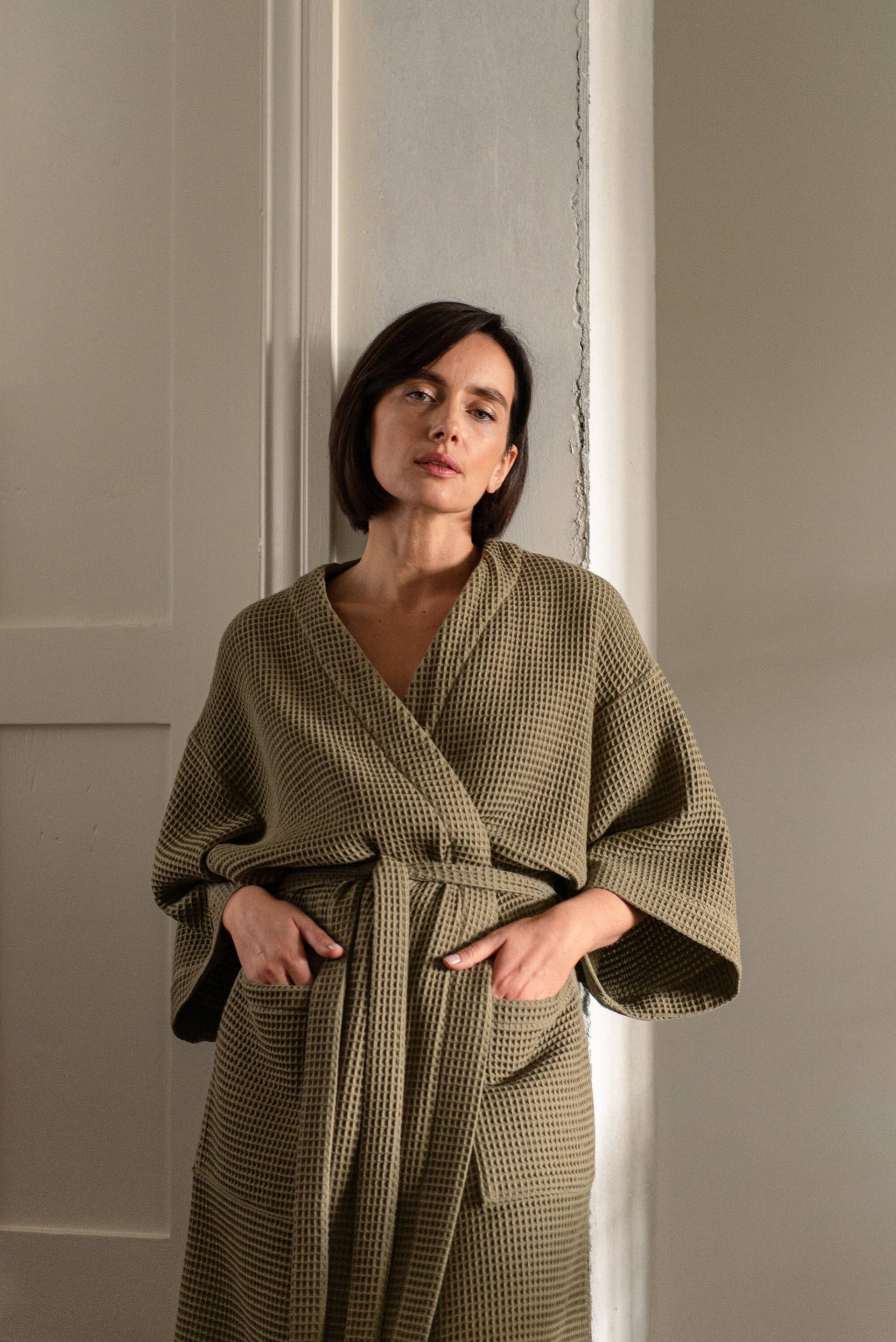 Waffelmantel Aus Baumwolle Für Damen - Warmer Bademantel Kimono-Spa-Bademantel Mit Taschen Saugfähiger Handtuch-Bademantel Midi Übergroßer von pillowandpajamas