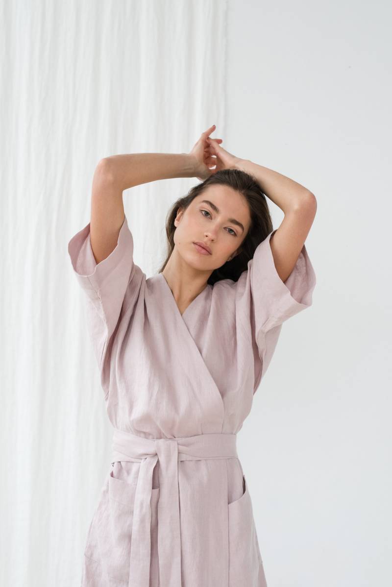 Leinen Kimono Jacke - Pinker Bademantel Mit Tasche Für Frauen Morgenmantel Petra von pillowandpajamas