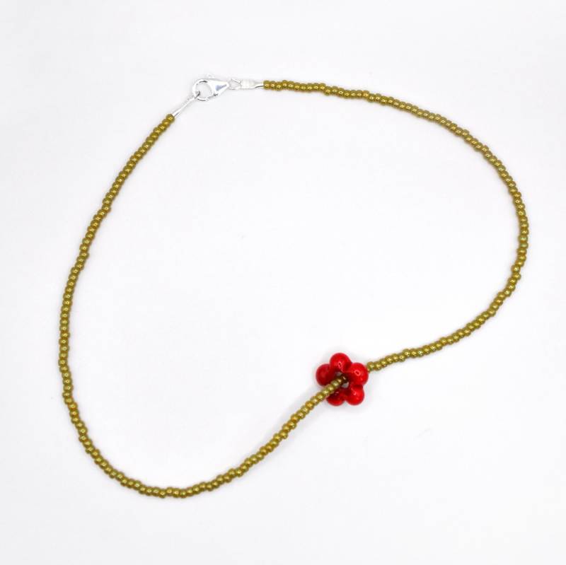 Handgefertigte Perlenkette - Grün Oder Violett Mit Rotem Murano-Blumenanhänger 925 Silber Zwei Längen Wählbar Handgefertigte Perlenkette - Grün Oder Violett Mit Rotem Murano-Blumenanhänger 925 Silber Zwei Längen Wählbar von pinapinastore