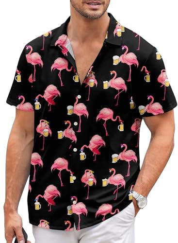 Herren-Hawaii-Hemd, kurze Ärmel, tropisches Blumenmuster, lässig, Button-Down-Hawaii-Hemden für Herren, Flamingo-Bier, Mittel Herren-Hawaii-Hemd, kurze Ärmel, tropisches Blumenmuster, lässig, Button-Down-Hawaii-Hemden für Herren, Flamingo-Bier, Mittel von pinforin