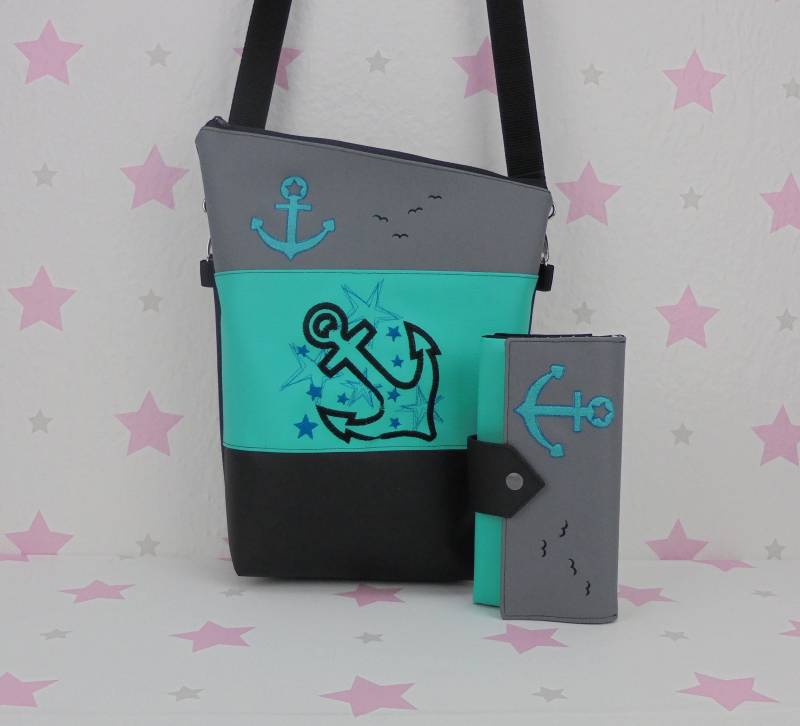 Pinkesterne Anker Handtasche + Portemonnaie Geldbeutel Umhängetasche Geldbörse Schultertasche Stickerei Maritim Sterne von pinkeSterne