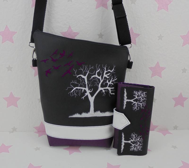 Pinkesterne Baum Handtasche + Portemonnaie Umhängetasche Geldbörse Möwen Vögel Schwarz Lila von pinkeSterne