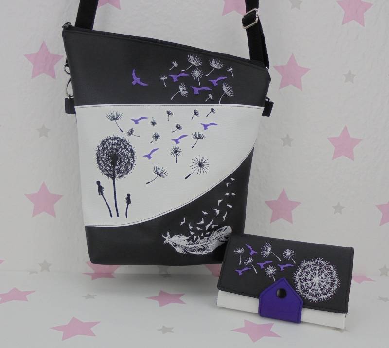Pinkesterne Feder Handtasche + Portemonnaie Umhängetasche Geldbörse Pusteblume Schmetterling Lila von pinkeSterne
