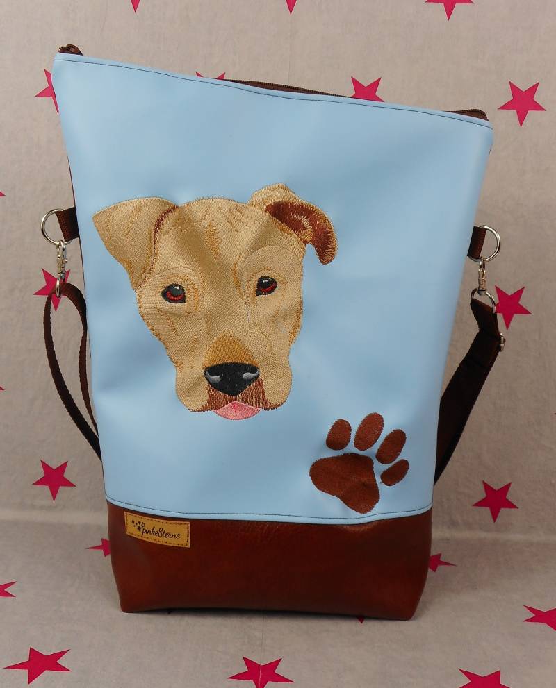 Pinkesterne Große Handtasche Schultertasche Kunstleder Foldover Blau Braun Bestickt Hund von pinkeSterne