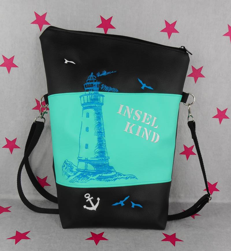 Pinkesterne Große Umhängetasche Inselkind Maritim Handtasche Schultertasche Stickerei Handmade Schwarz Leuchtturm Anker von pinkeSterne