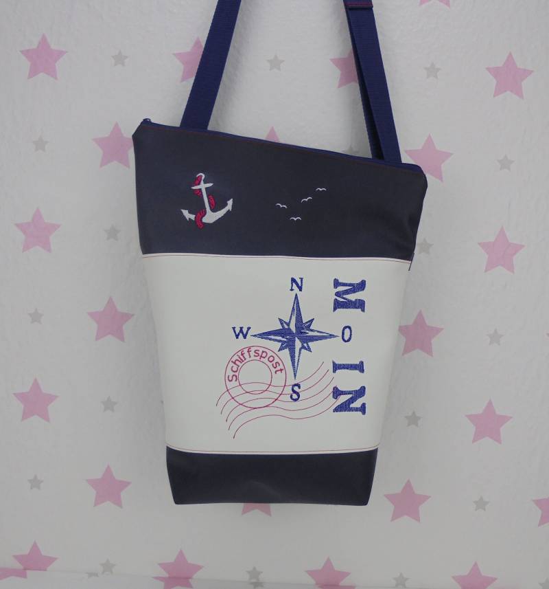 Pinkesterne Große Umhängetasche Moin Kompass Handtasche Schultertasche Weiß Dunkelblau von pinkeSterne