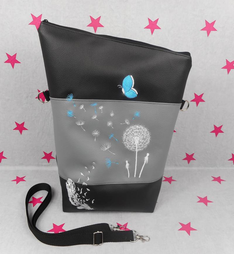 Pinkesterne Große Umhängetasche Pusteblume Feder Schmetterling Handtasche Schultertasche Schwarz Grau Türkis von pinkeSterne