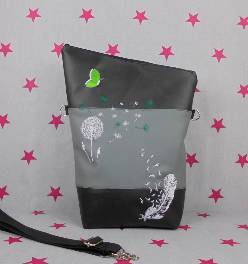 Pinkesterne Große Umhängetasche Pusteblume Feder Schmetterling Handtasche Schultertasche Schwarz Grün von pinkeSterne