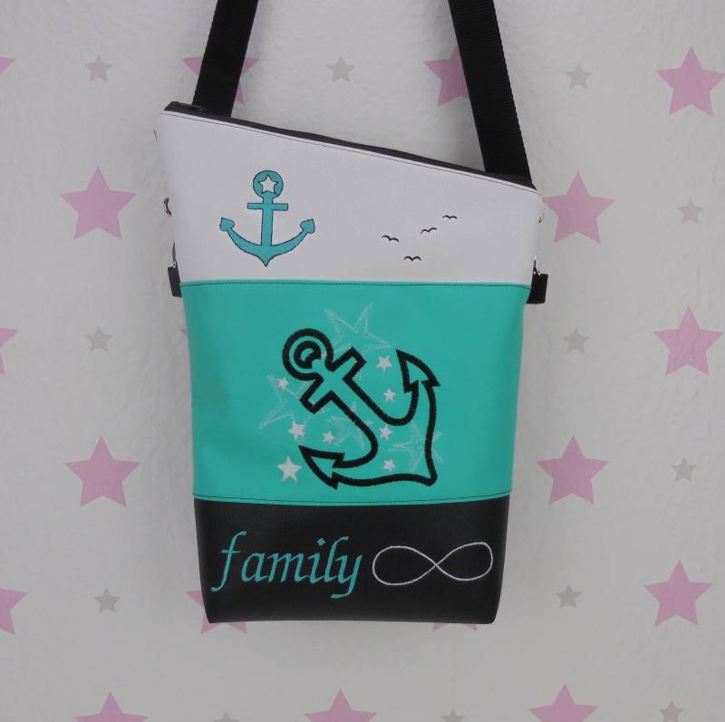 Pinkesterne Handtasche Anker Schultertasche Handmade Bestickt Maritim Mint Family von pinkeSterne
