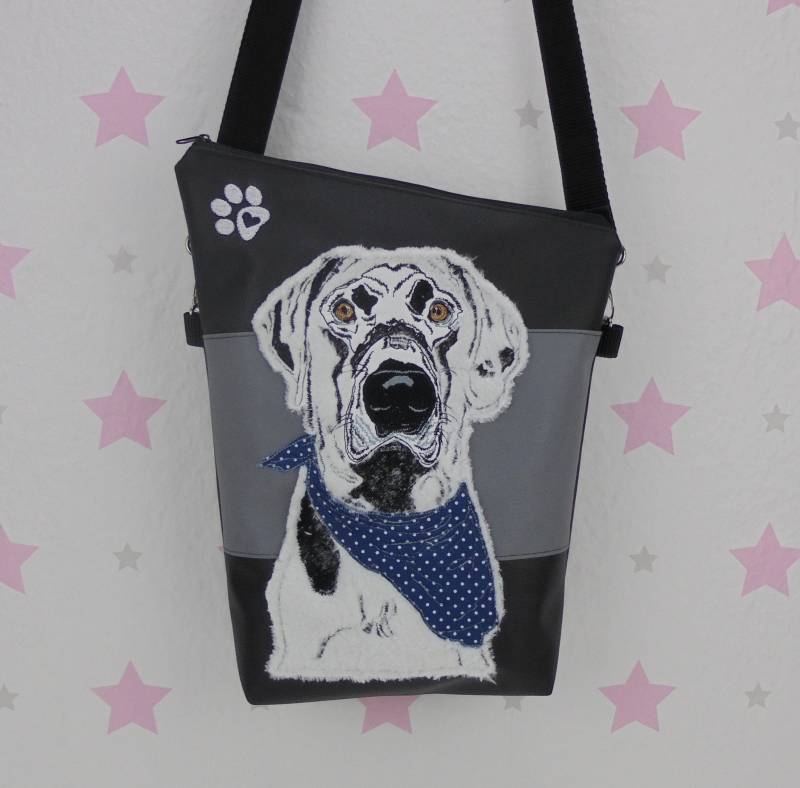 Pinkesterne Handtasche Labrador Dogge Schultertasche Handmade Bestickt Hund Harlekin von pinkeSterne