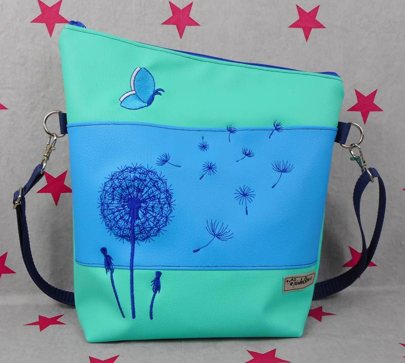 Pinkesterne Handtasche Pusteblume Umhängetasche Schultertasche Kunstleder Handmade Bestickt Stickerei Türkis Mintgrün Blau von pinkeSterne