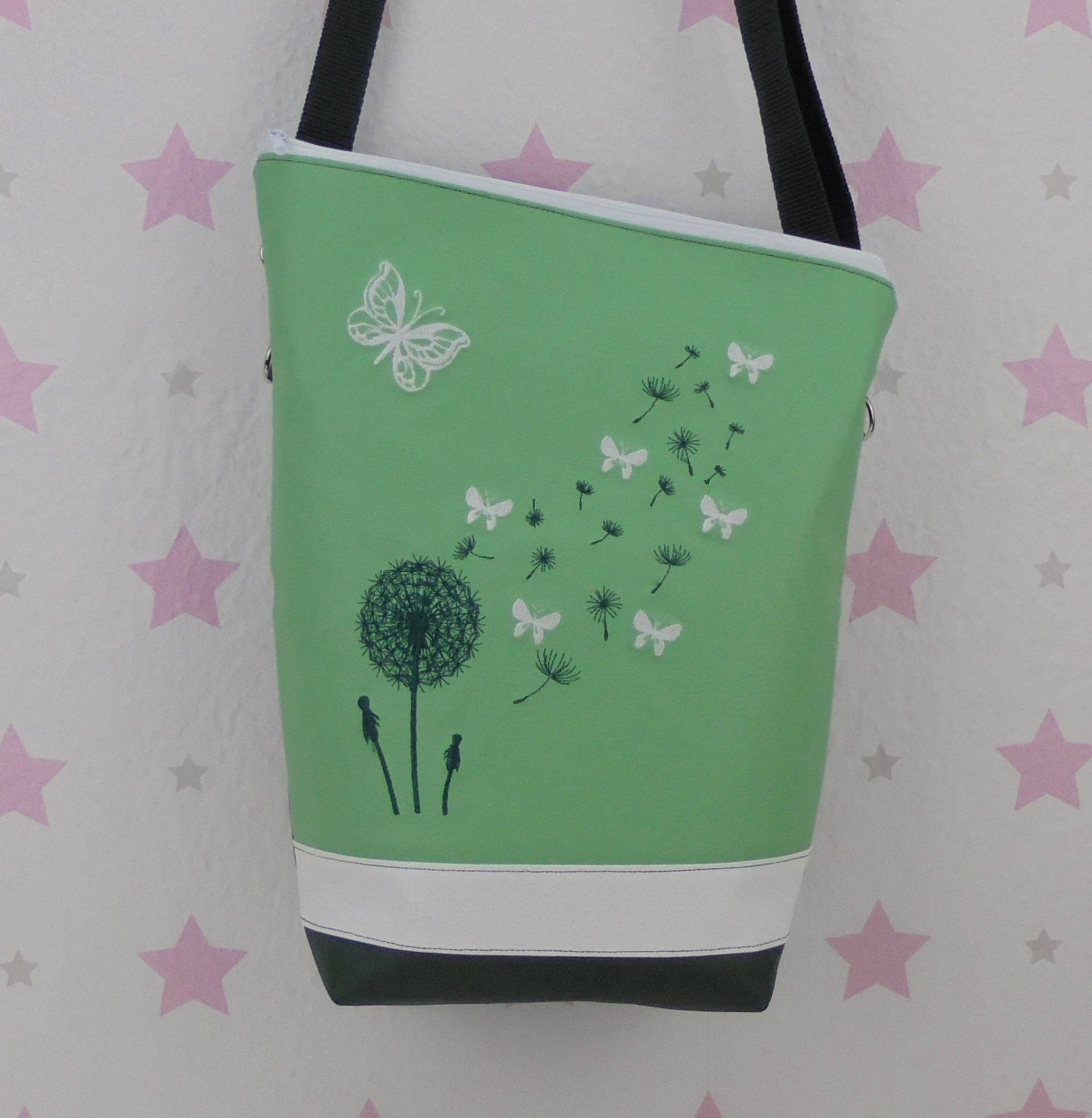 Pinkesterne Handtasche Schmetterling Umhängetasche Grün Weiß Schultertasche Foldover Pusteblume von pinkeSterne