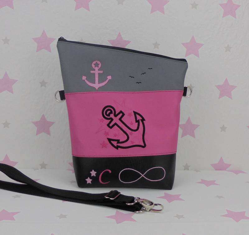 Pinkesterne Handtasche Umhängetasche Schultertasche Kunstleder Handmade Bestickt Stickerei Anker Maritim von pinkeSterne