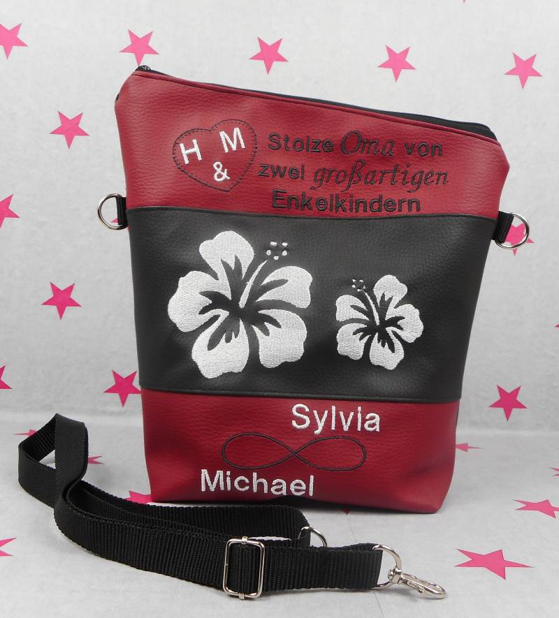 Pinkesterne Handtasche Umhängetasche Schultertasche Kunstleder Handmade Bestickt Stickerei Hibiskus Rot Schwarz von pinkeSterne